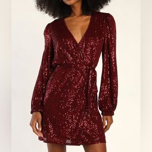 Sparkly Darling Burgundy Sequin Long Sleeved Wrap Dress